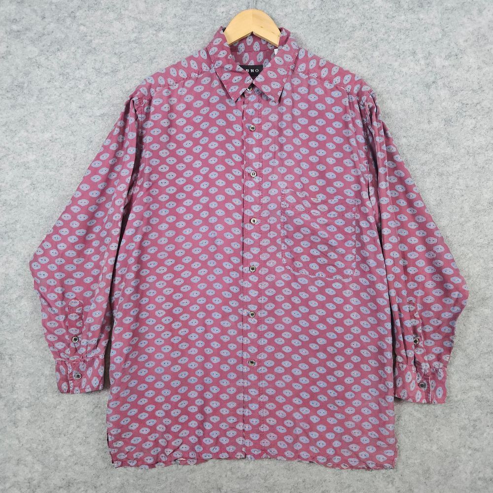 Xinno Men's Button‎ Up Shirt Size M 100% Silk Burgundy Abstract/Geometric FLAWS